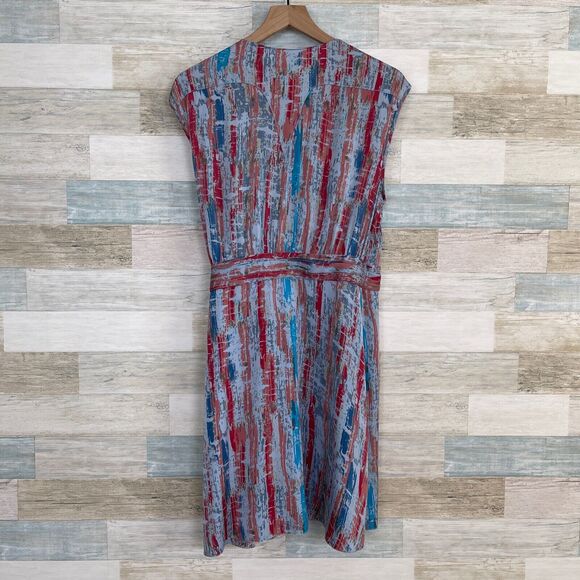 Catherine Malandrino Silk Tie Wrap Dress Blue Print Pleated Casual Womens 10 - Picture 6 of 8